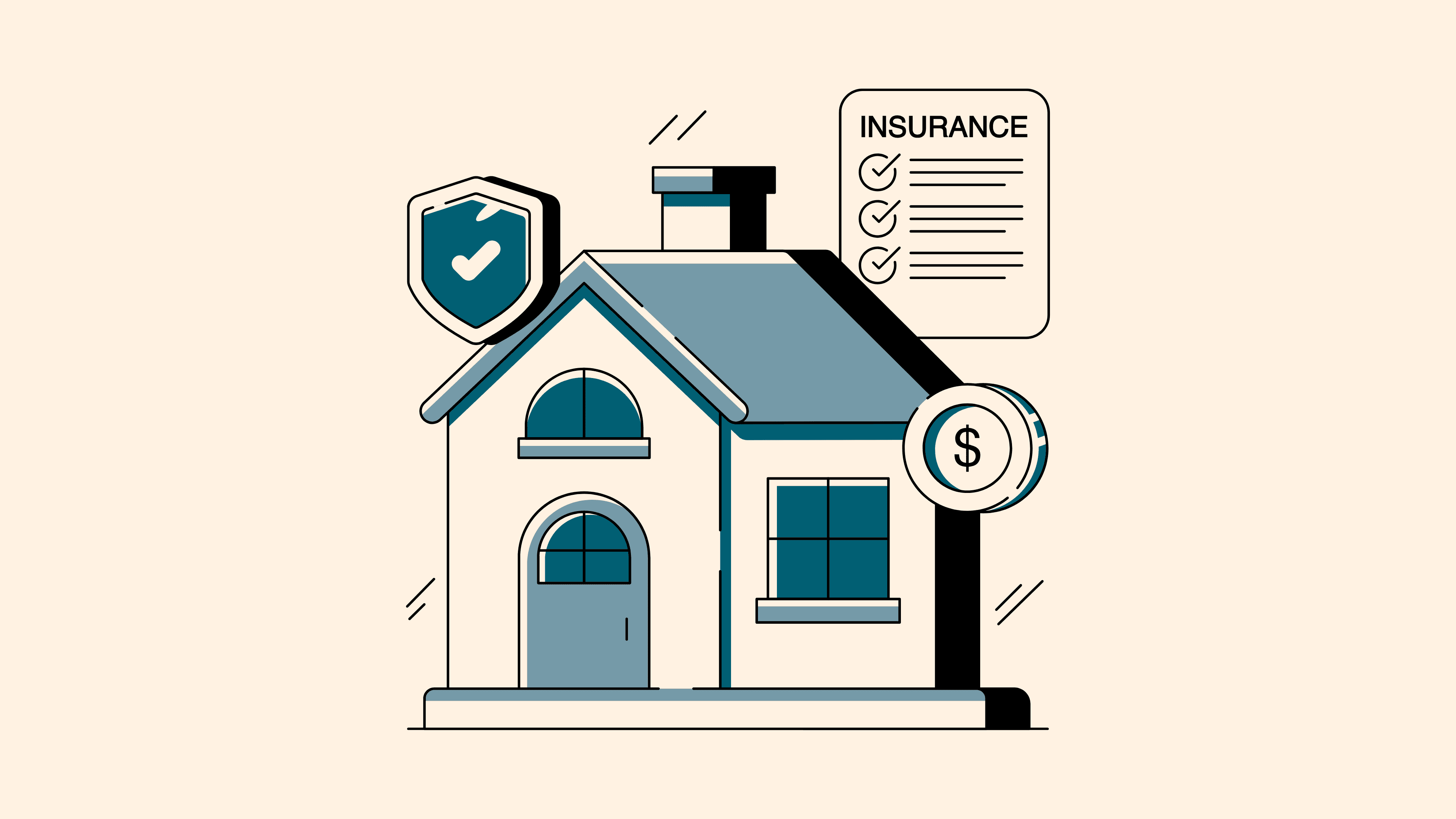 Illustration of a house with an insurance checklist, shield, and coin